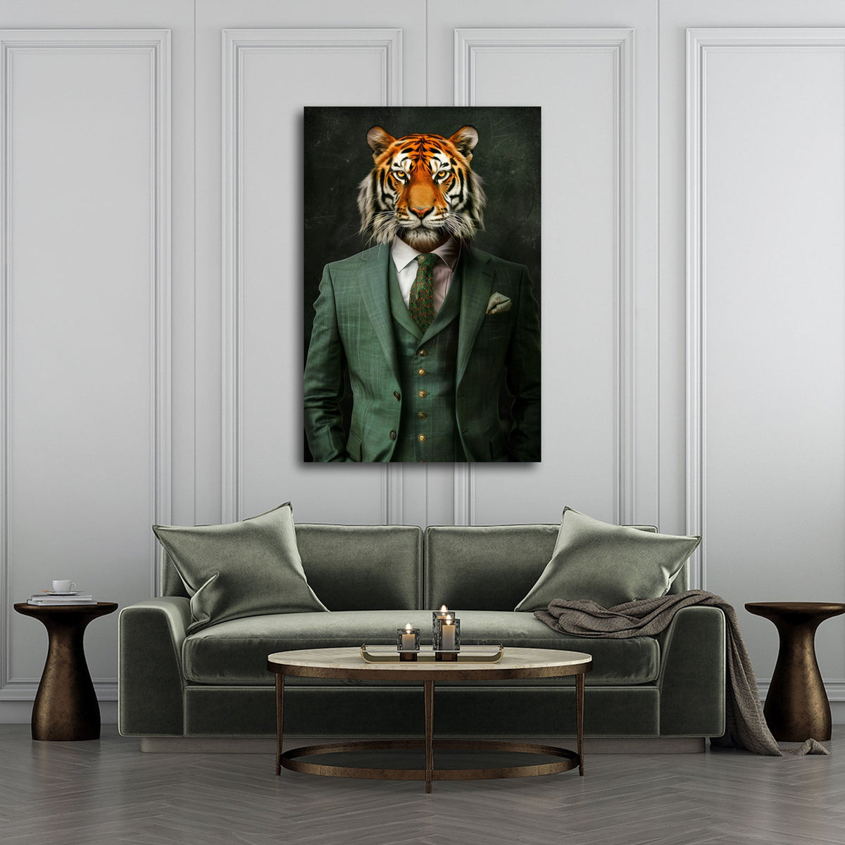 Tigre in completo verde a tre pezzi da vero gentleman quadro