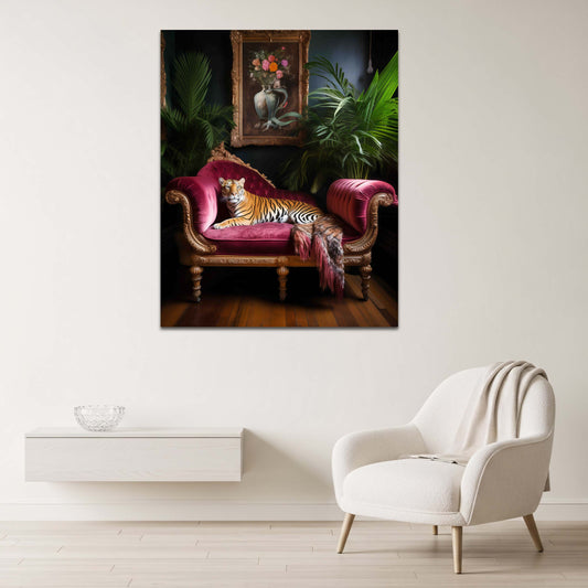 Tigre su divano velluto interno di lusso stile vintage quadro