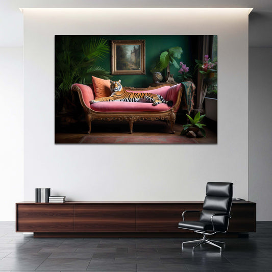 Tigre su divano velluto rosa interno elegante di lusso quadro