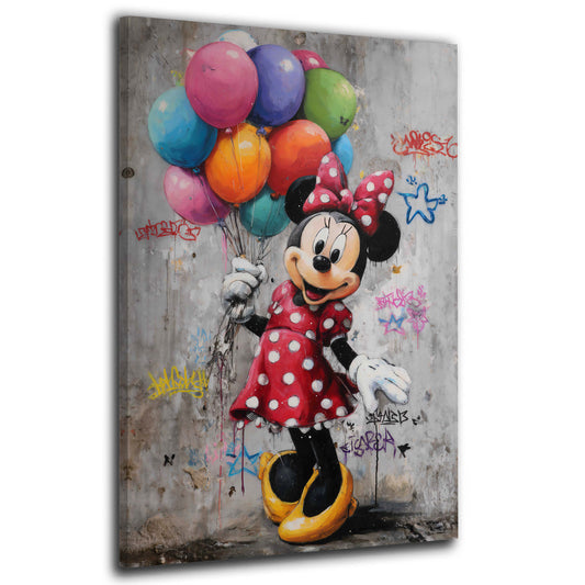 Topolina pop art con palloncini colorati e sfondo urbano quadro