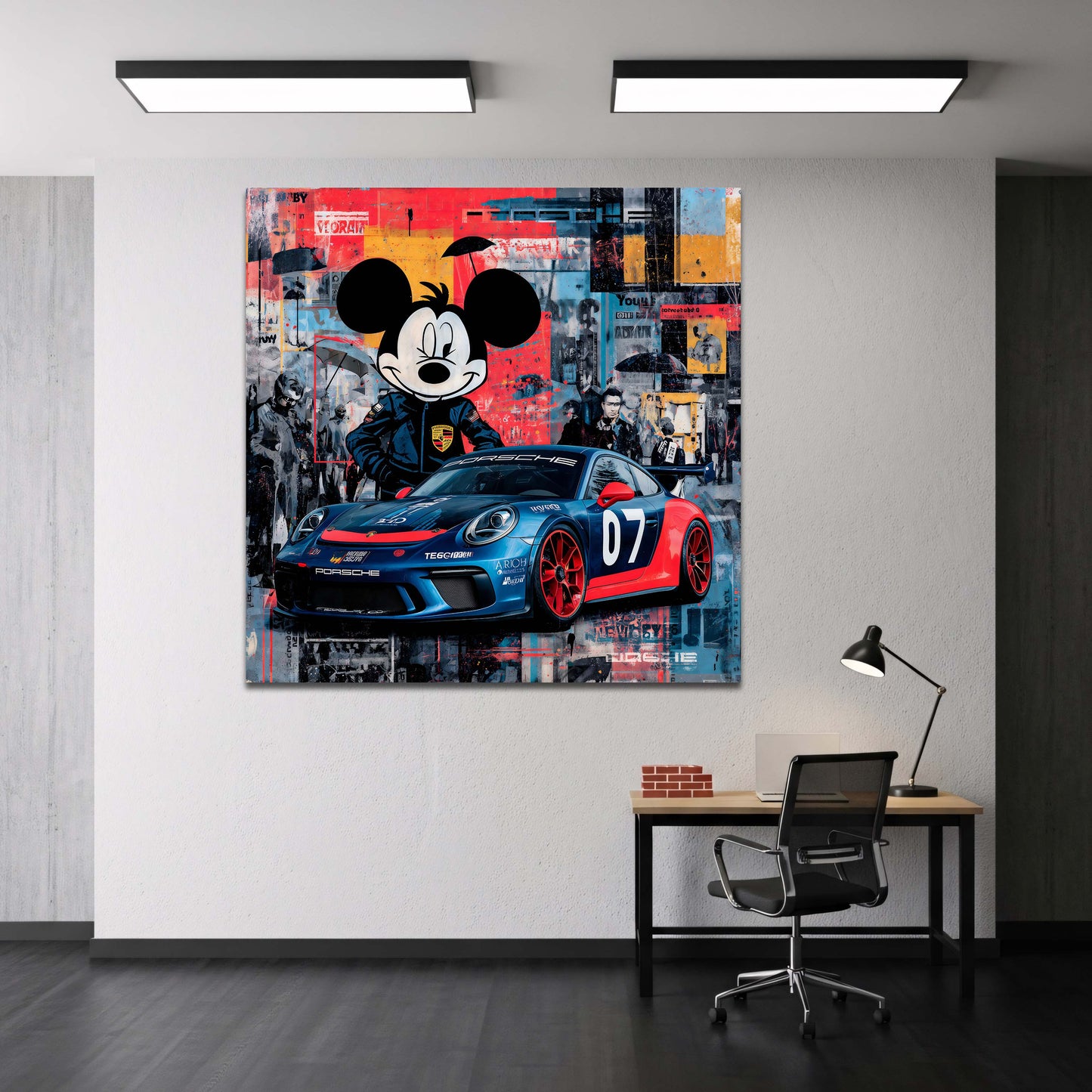 Topolino come pilota davanti alla Porsche da corsa quadro