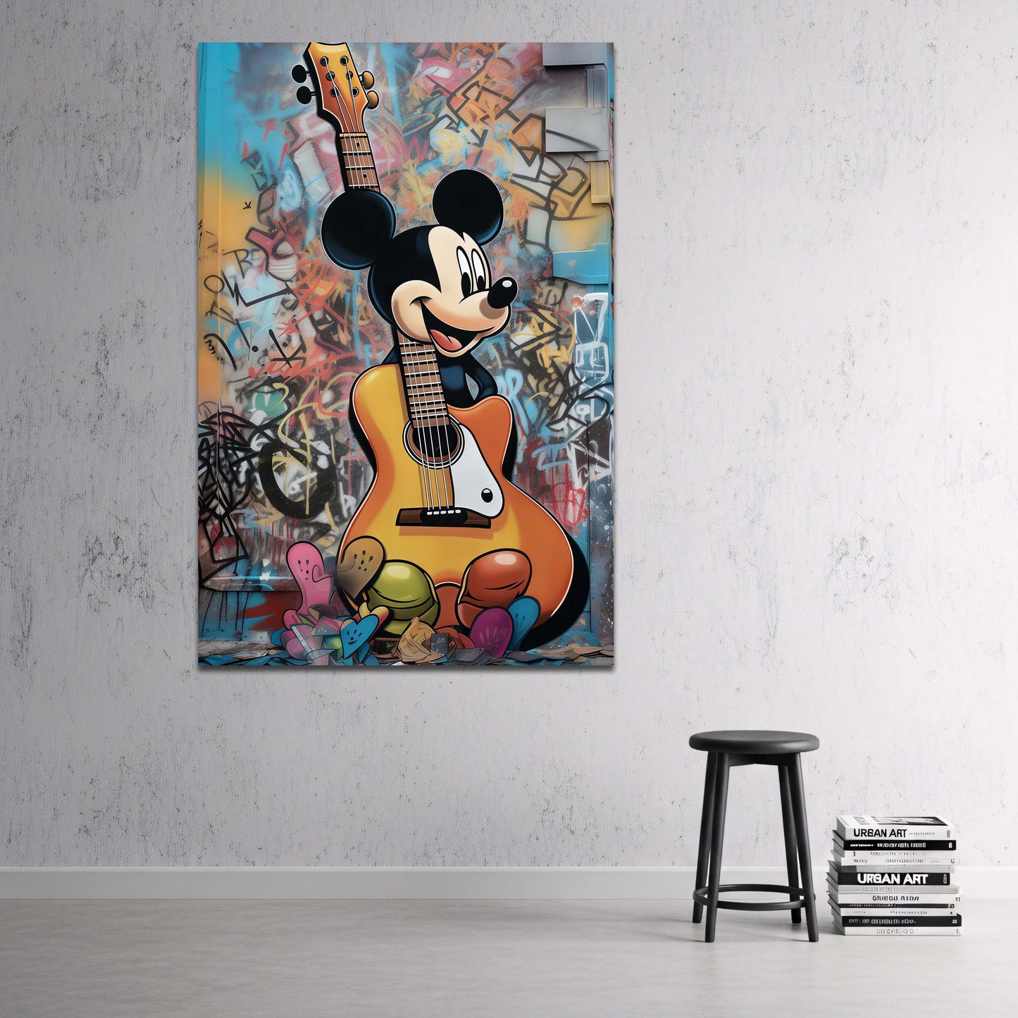 Topolino con chitarra gigante su muro graffiti colorato quadro
