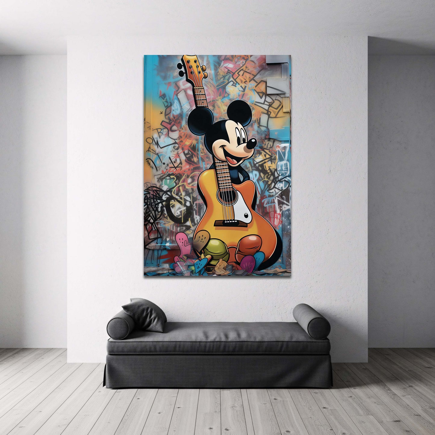 Topolino con chitarra gigante su muro graffiti colorato quadro