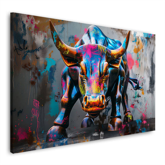 Toro colorato in stile street art con schizzi di colore quadro