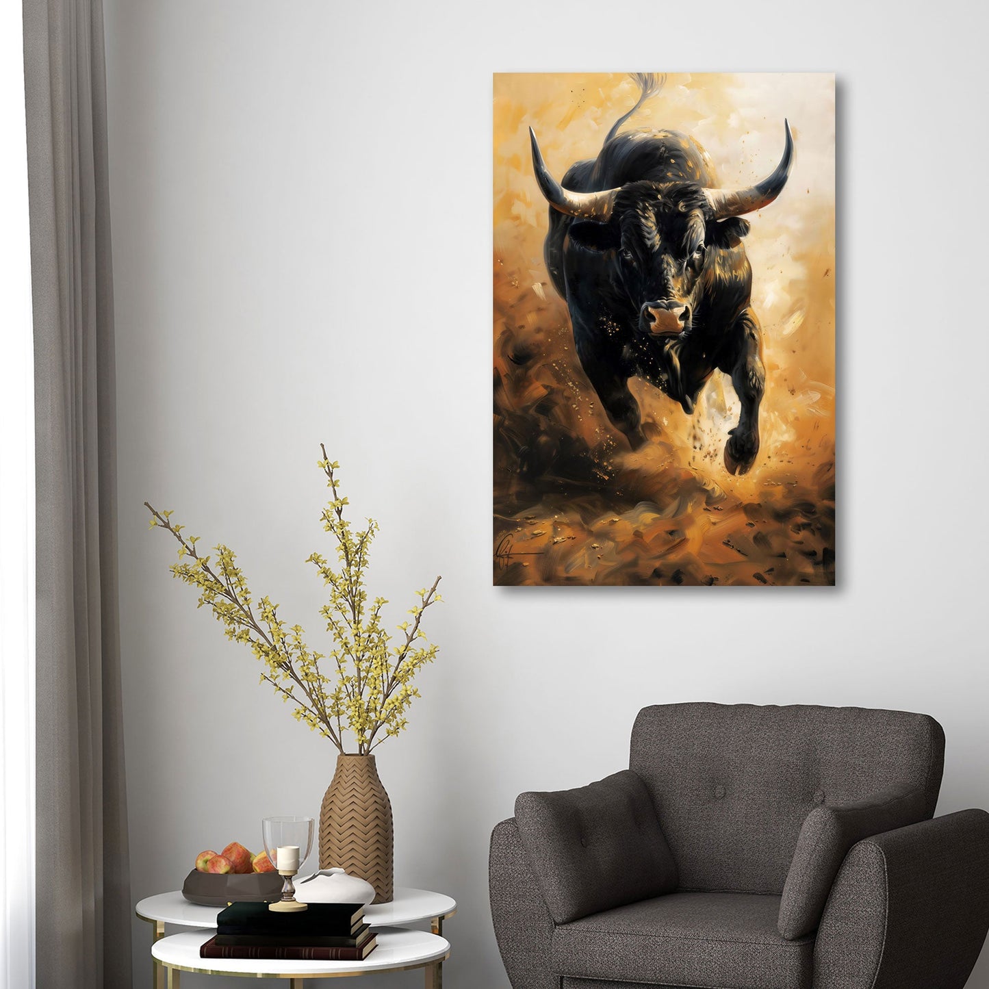 Toro dinamico dipinto moderno con colori intensi quadro