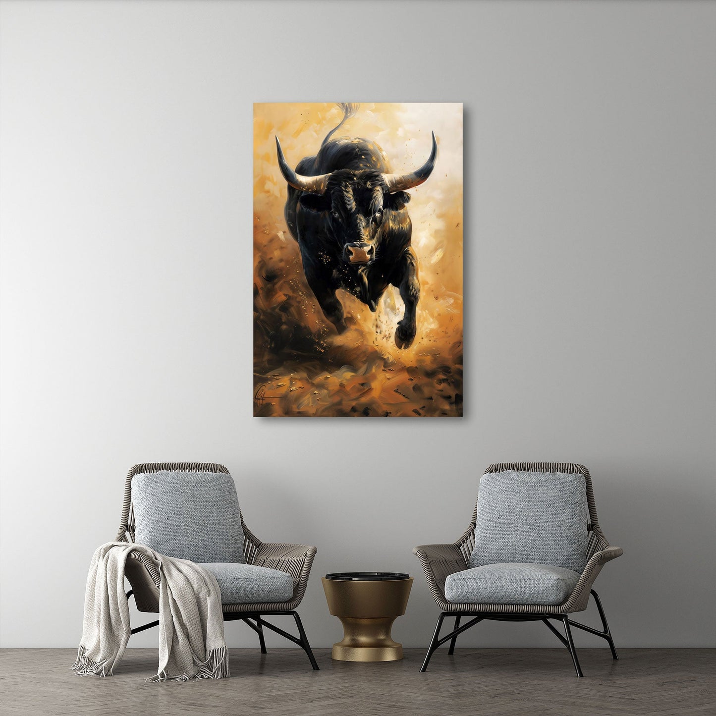 Toro dinamico dipinto moderno con colori intensi quadro