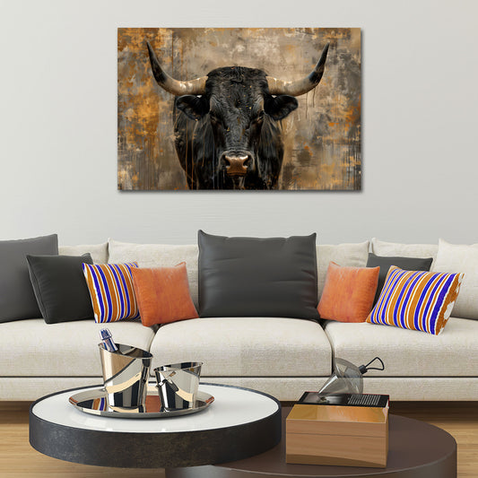 Toro nero ritratto frontale animale con grandi corna quadro