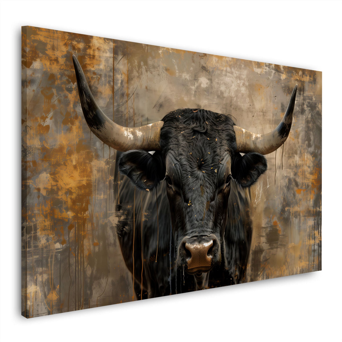 Toro nero ritratto frontale animale con grandi corna quadro