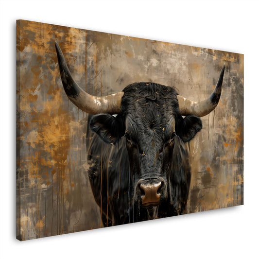 Toro nero ritratto frontale animale con grandi corna quadro
