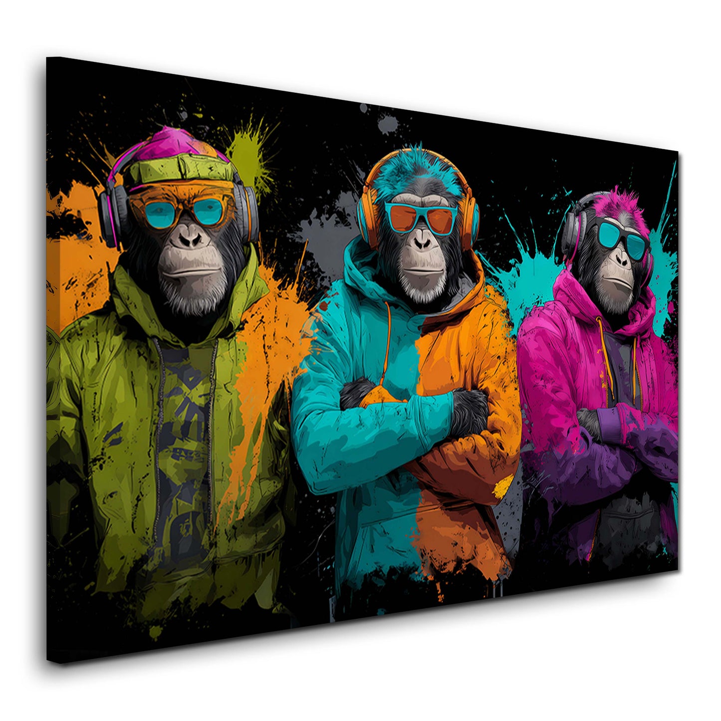 Tre scimmie cool con felpe e cuffie in colori neon quadro