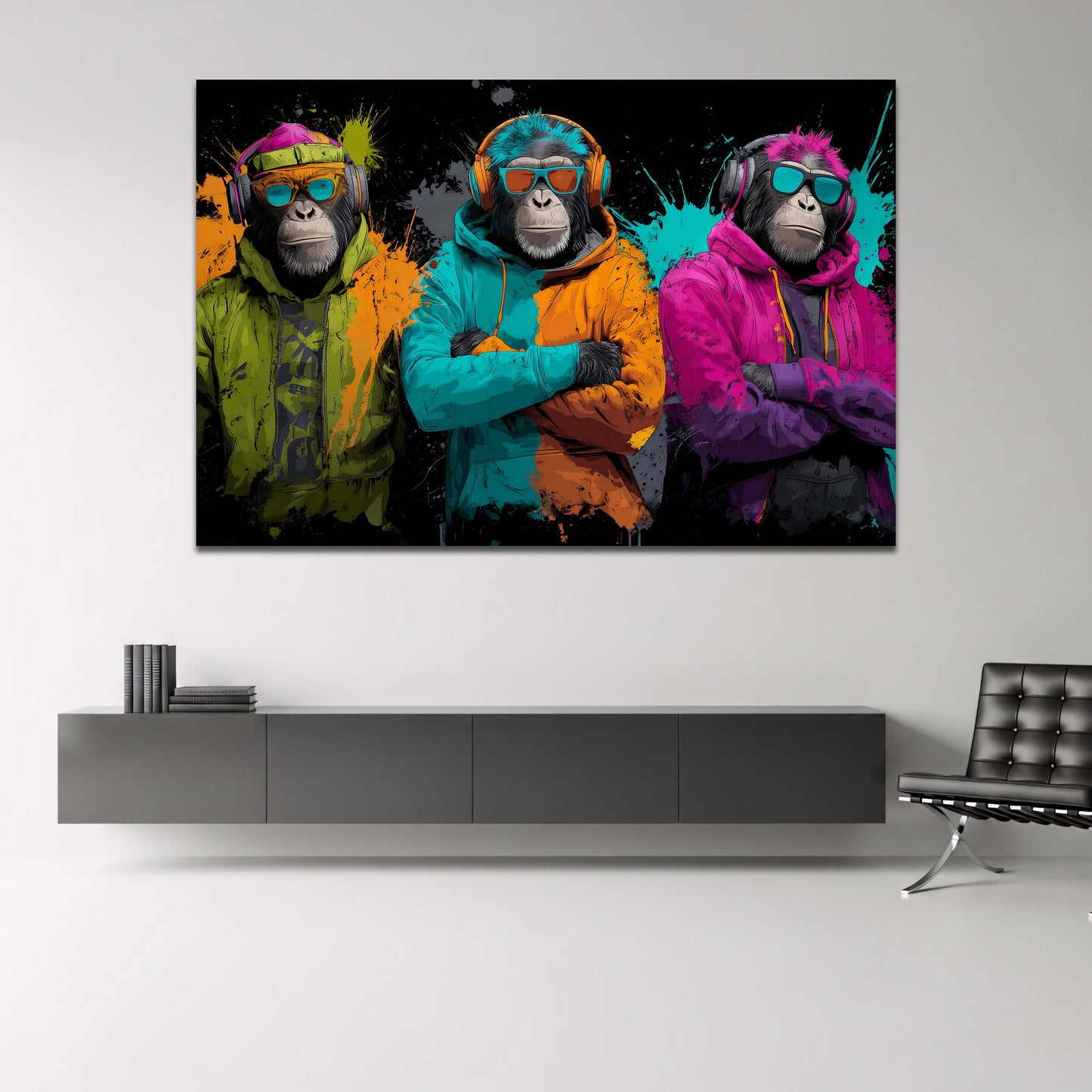 Tre scimmie cool con felpe e cuffie in colori neon quadro