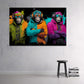 Tre scimmie cool con felpe e cuffie in colori neon quadro
