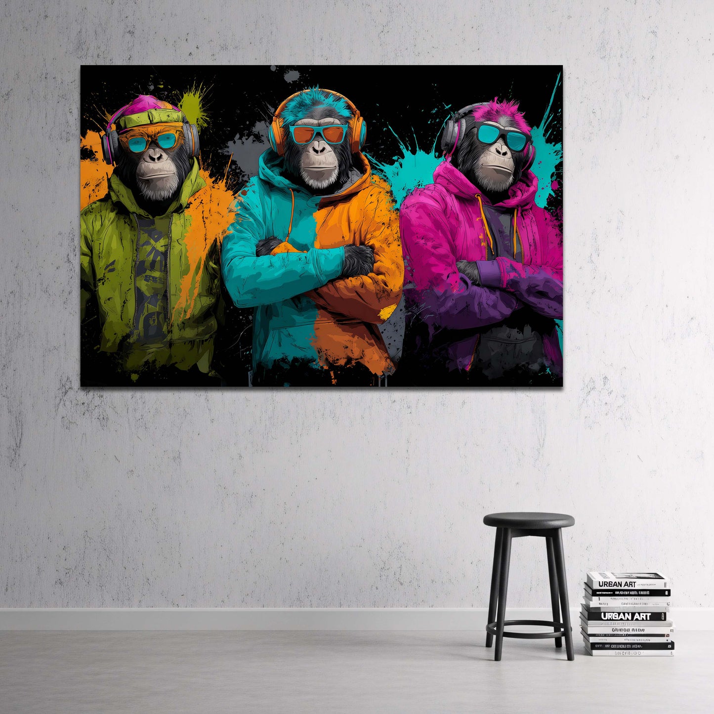 Tre scimmie cool con felpe e cuffie in colori neon quadro