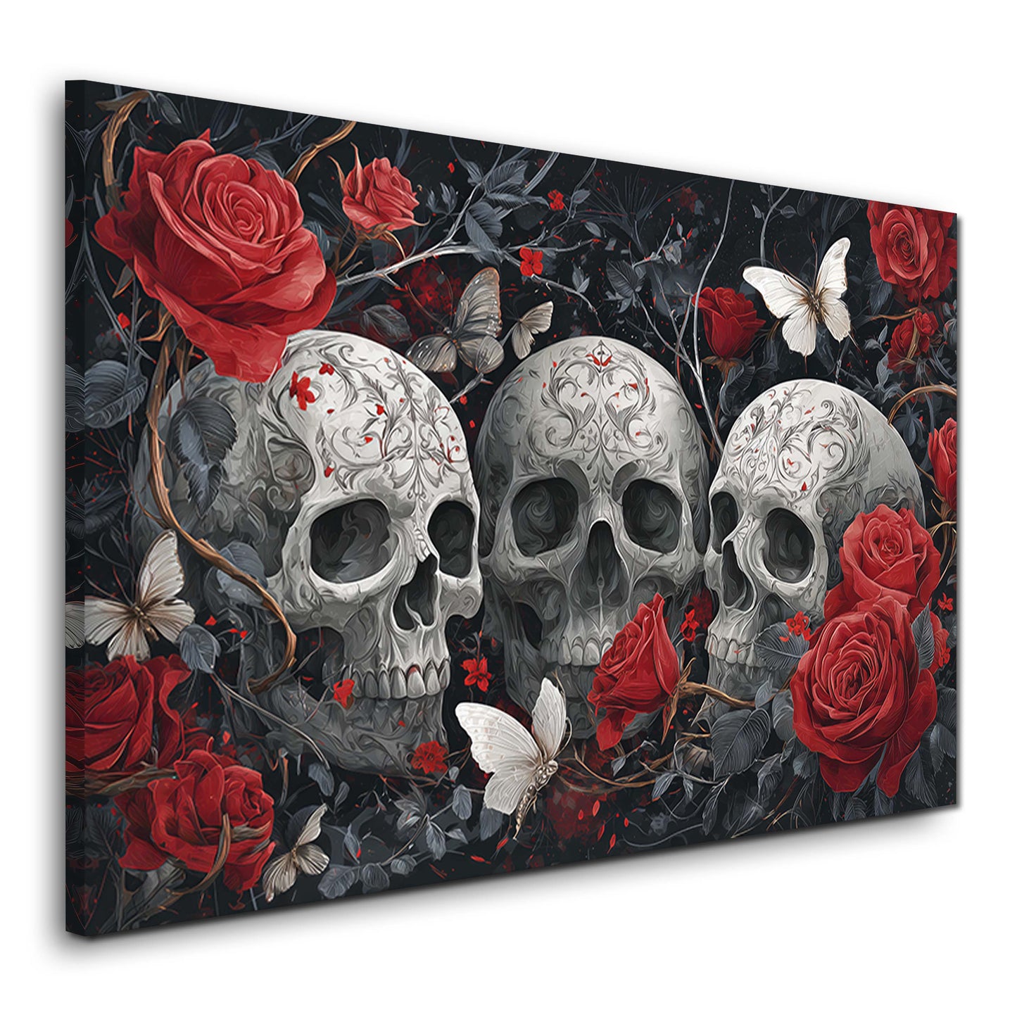Tre teschi ornati con rose rosse e farfalle stile gotico quadro