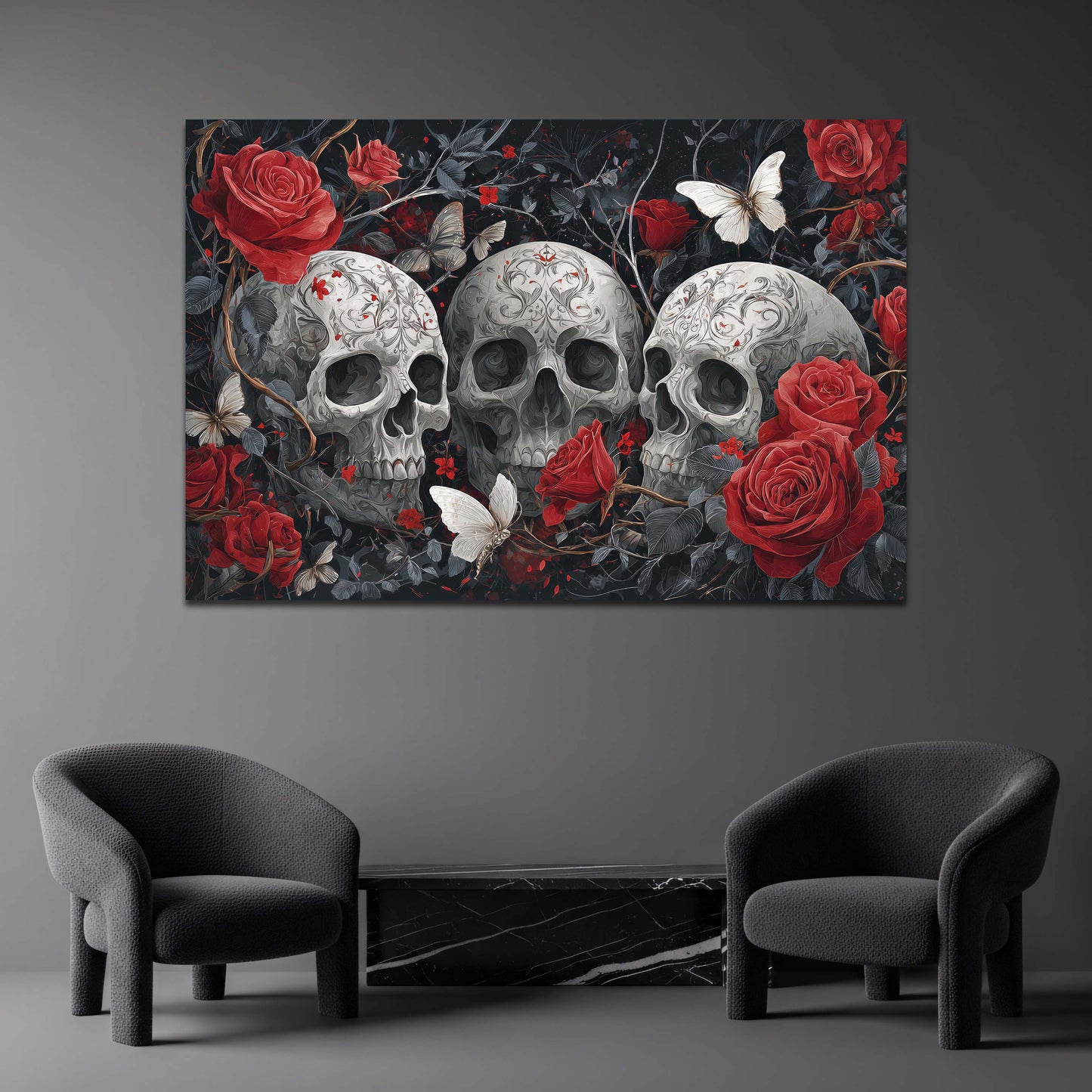 Tre teschi ornati con rose rosse e farfalle stile gotico quadro