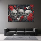 Tre teschi ornati con rose rosse e farfalle stile gotico quadro