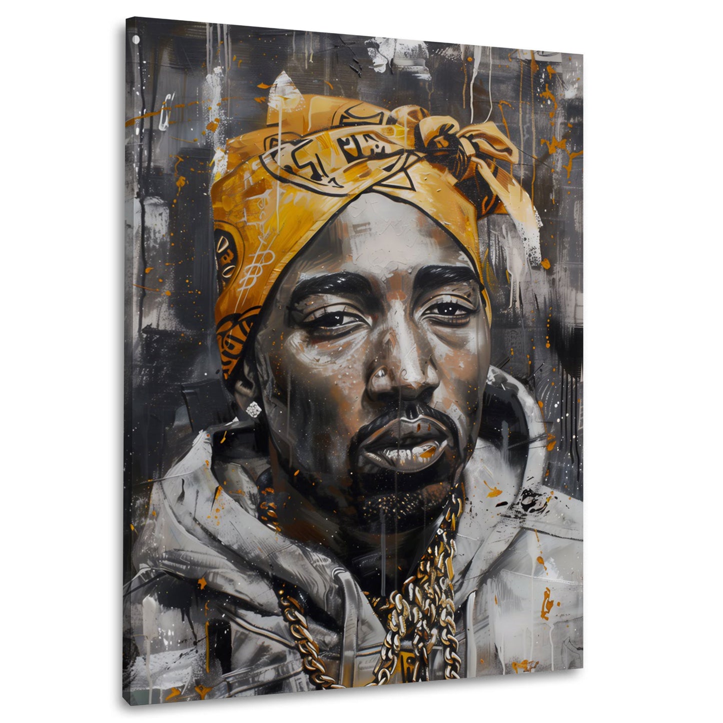 Tupac Shakur con bandana dorata ritratto iconico quadro