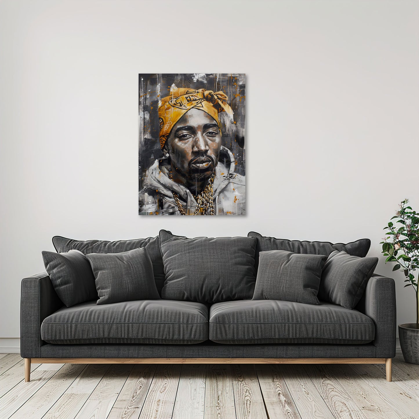 Tupac Shakur con bandana dorata ritratto iconico quadro