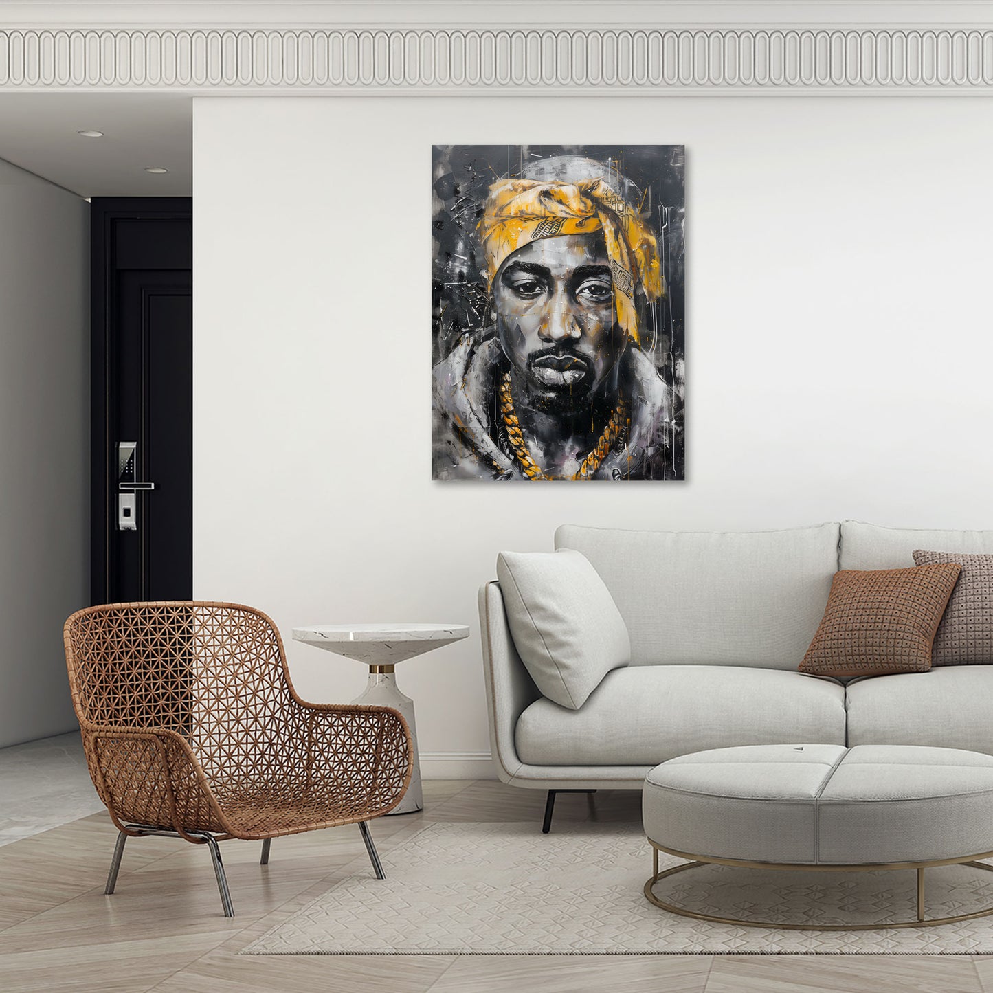 Tupac Shakur ritratto elegante in nero e oro con bandana quadro
