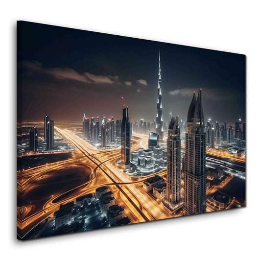 Burj Khalifa e lo skyline di Dubai di notte con lampioni quadro
