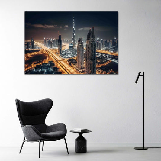 Burj Khalifa e lo skyline di Dubai di notte con lampioni quadro