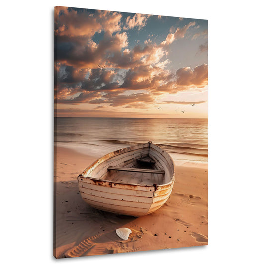 Vecchia barca di legno sulla spiaggia al tramonto quadro