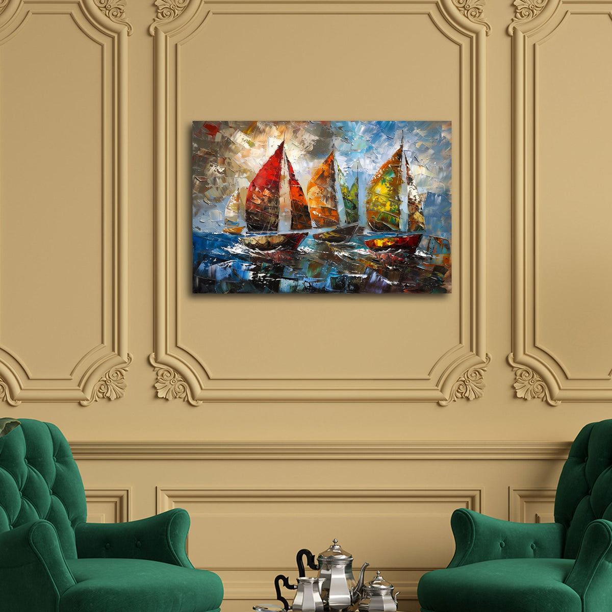 Velieri dai colori vivaci sul mare mosso espressivo quadro