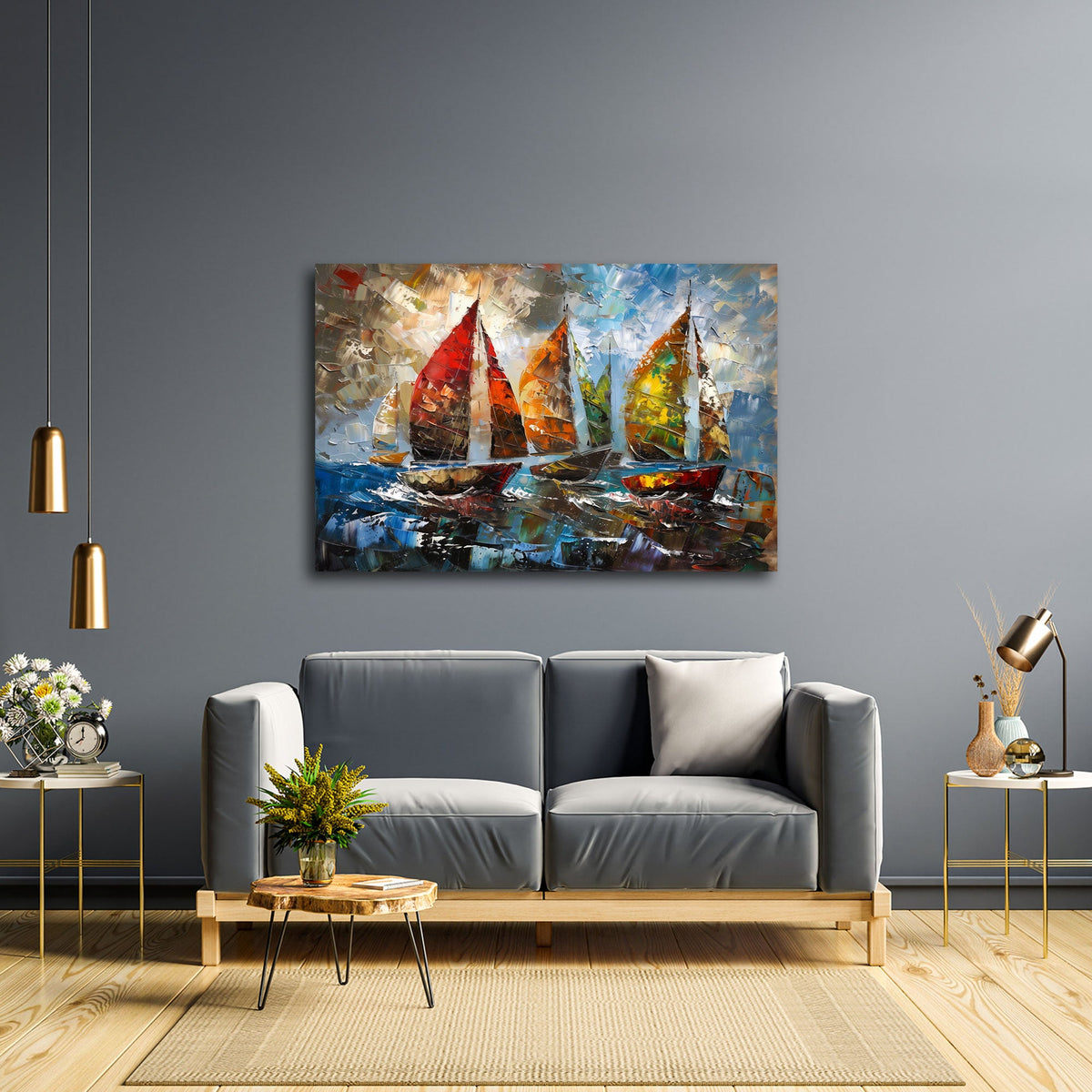 Velieri dai colori vivaci sul mare mosso espressivo quadro
