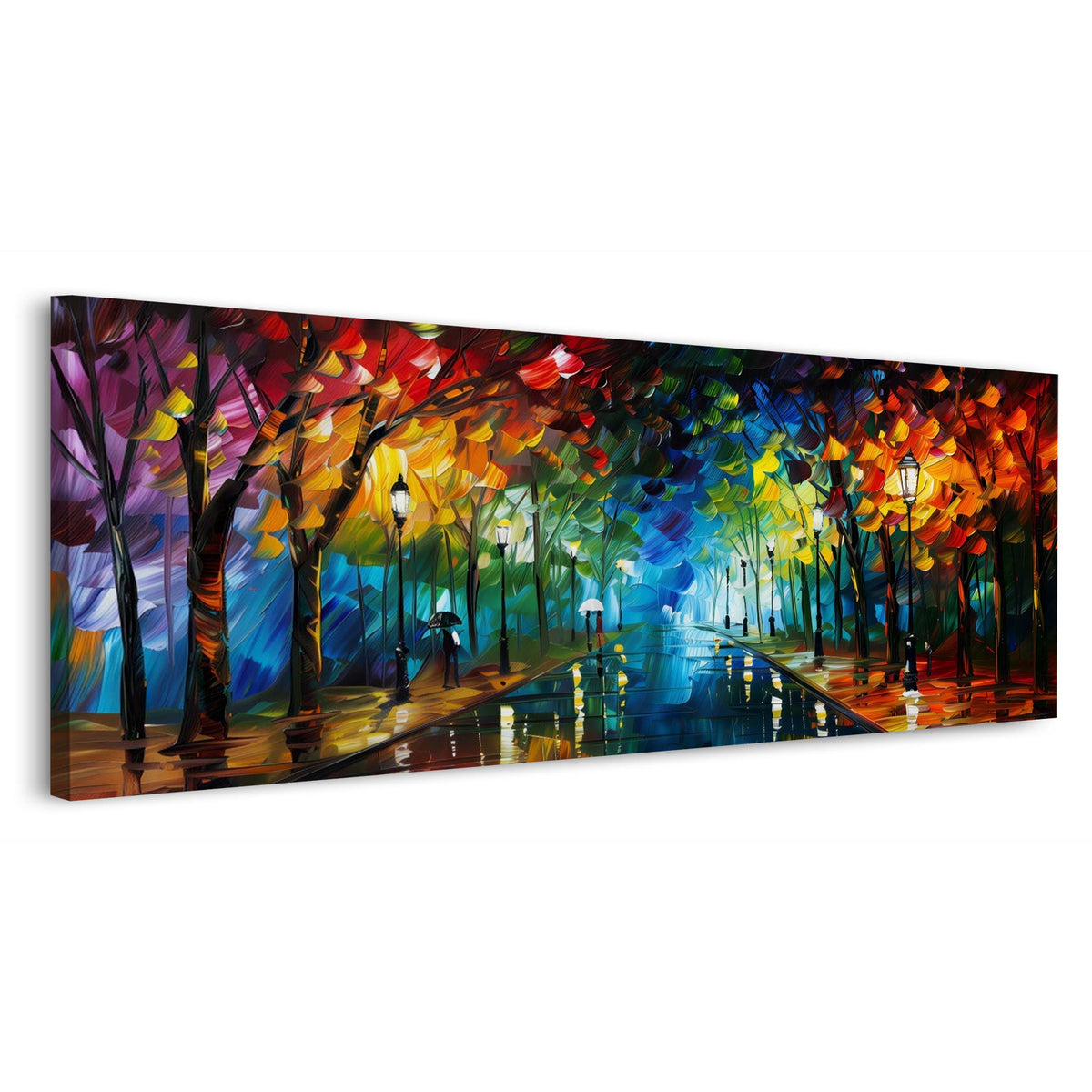 Viale con lampioni sotto la pioggia in panorama quadro