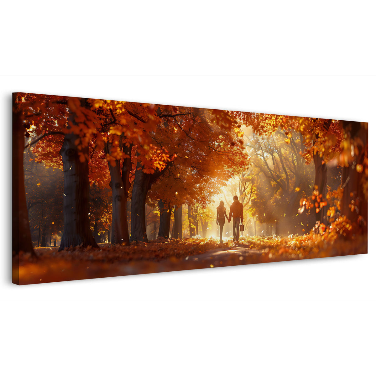 Viale d'autunno nella luce dorata con coppia a passeggio quadro