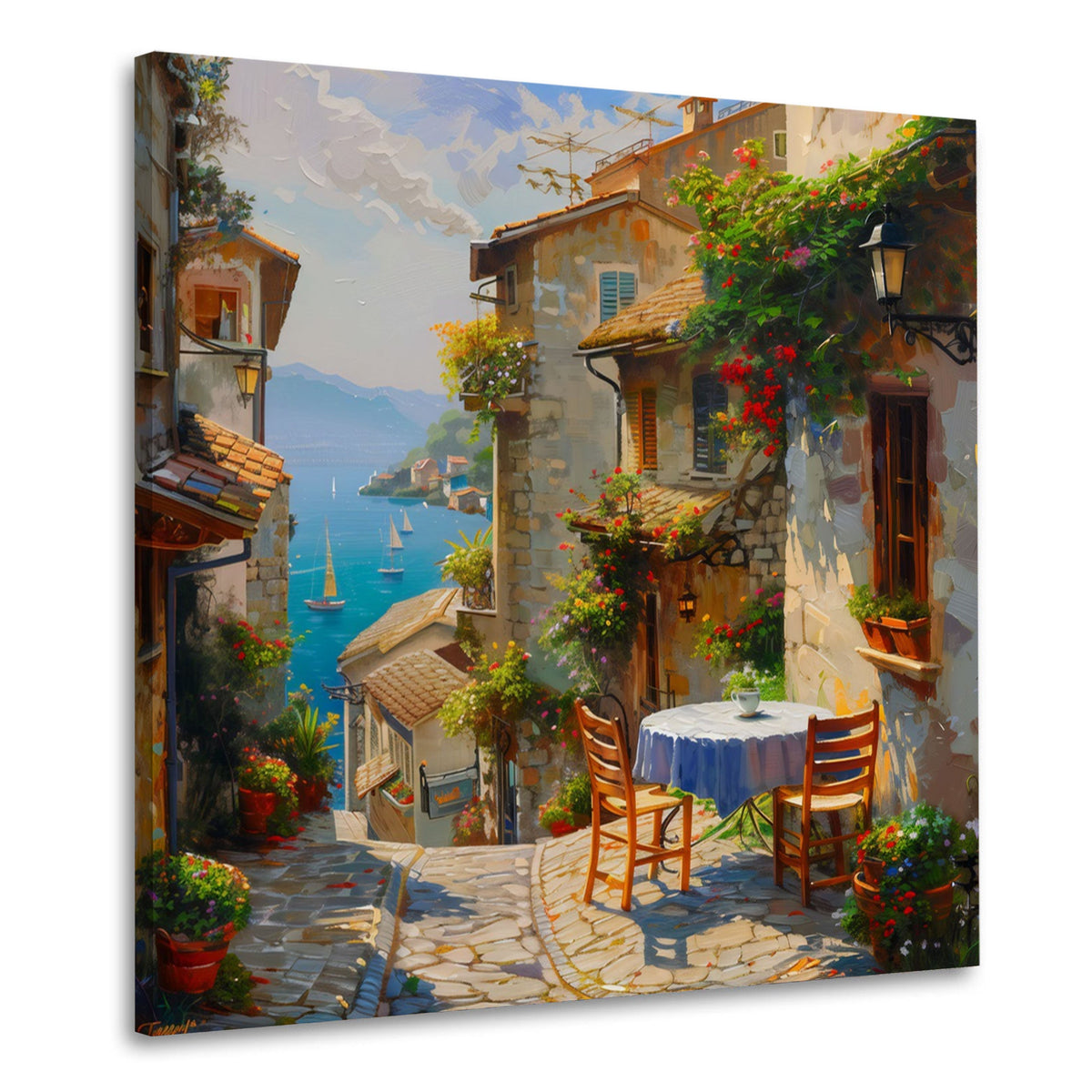 Vicolo mediterraneo fiorito con tavolino e vista mare quadro