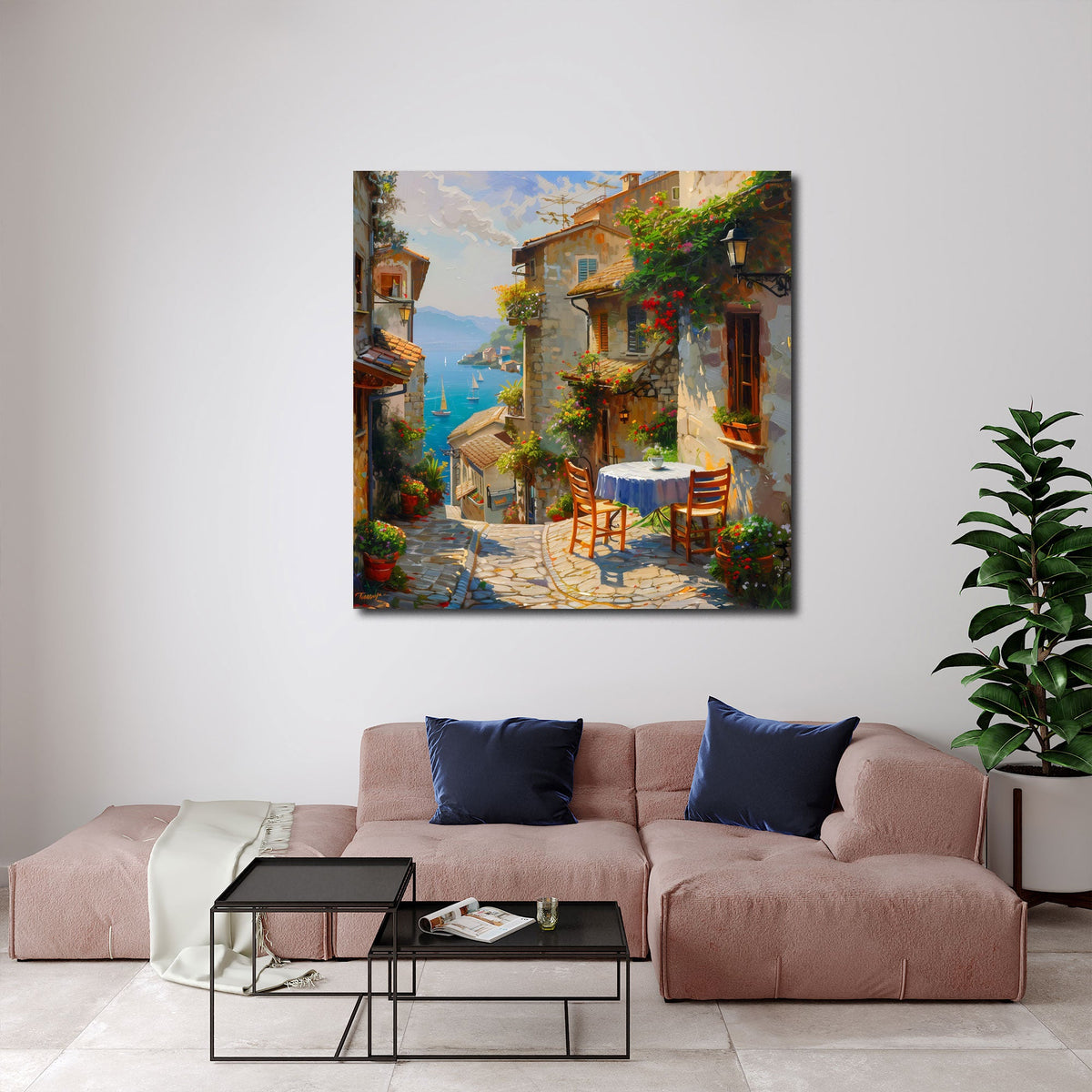 Vicolo mediterraneo fiorito con tavolino e vista mare quadro