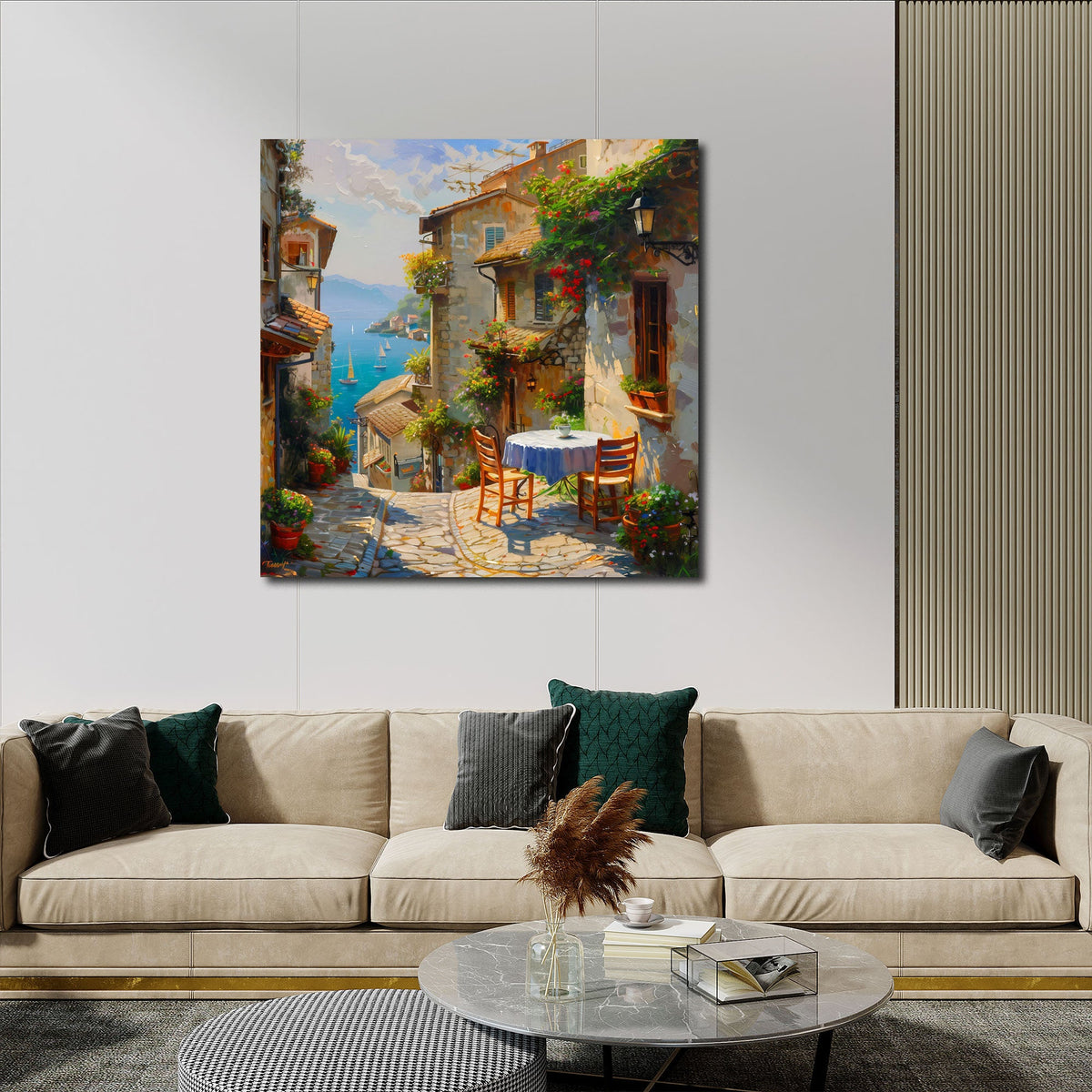 Vicolo mediterraneo fiorito con tavolino e vista mare quadro