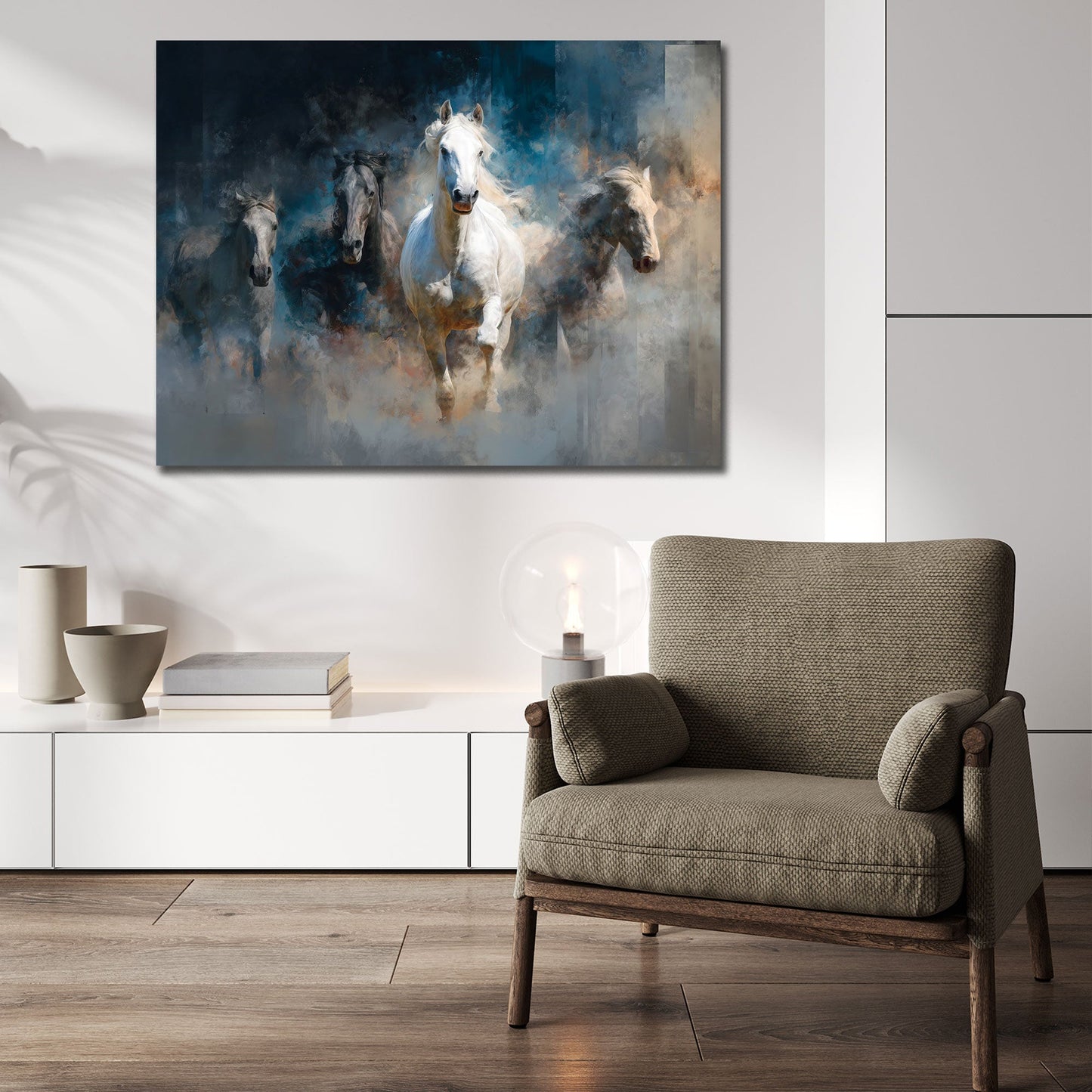 Cavalli bianchi nella nebbia con energia quadro