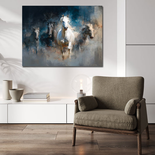 Cavalli bianchi nella nebbia con energia quadro