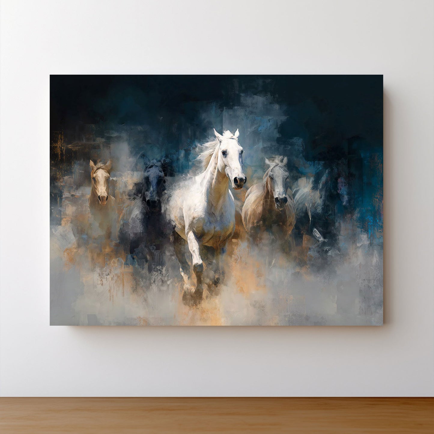 Cavalli bianchi nella nebbia in pittura espressiva quadro