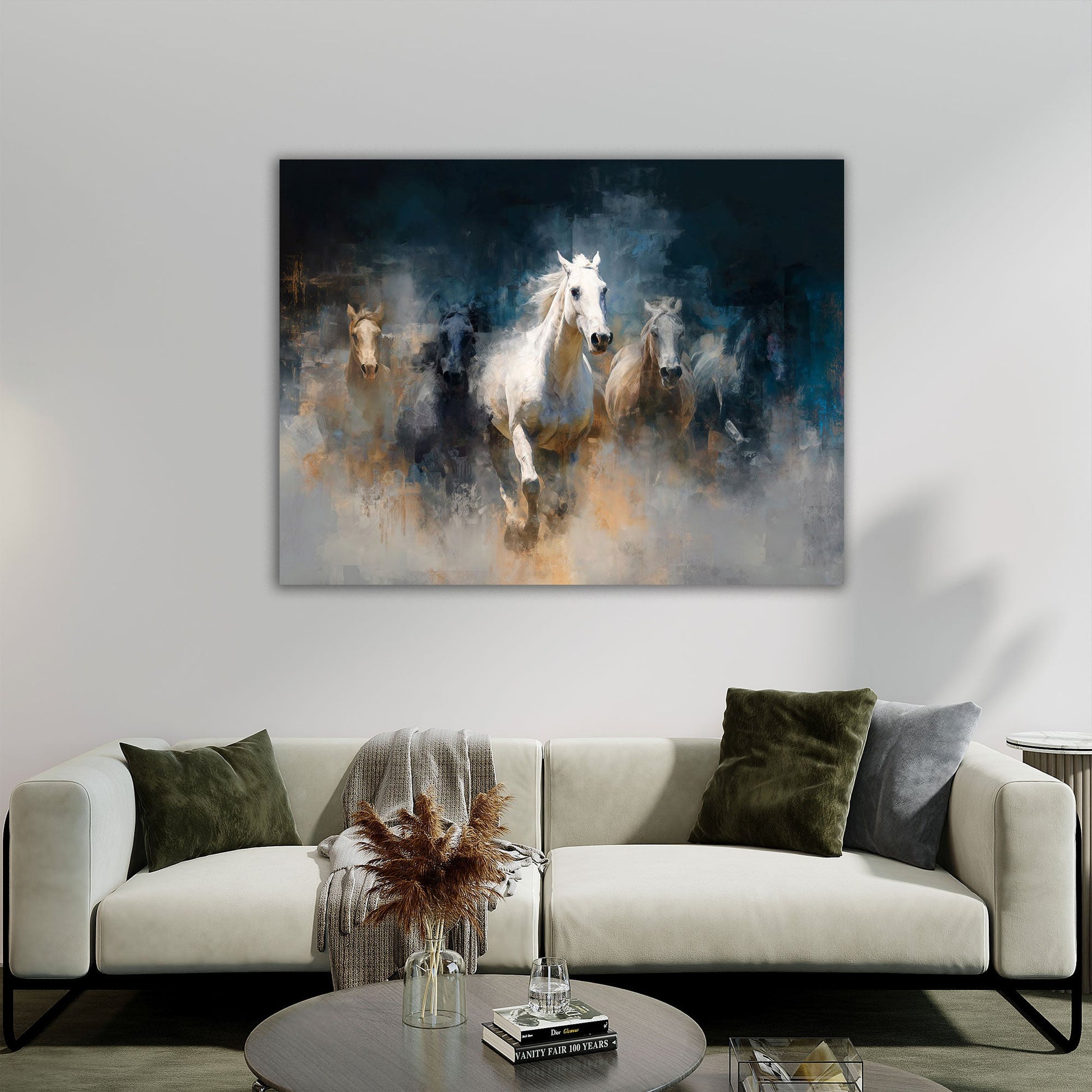 Cavalli bianchi nella nebbia in pittura espressiva quadro