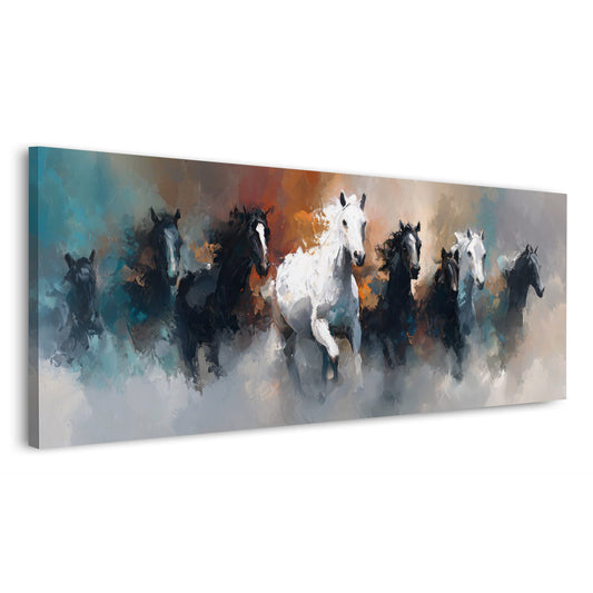 Cavalli bianchi guidano la mandria nella nebbia quadro