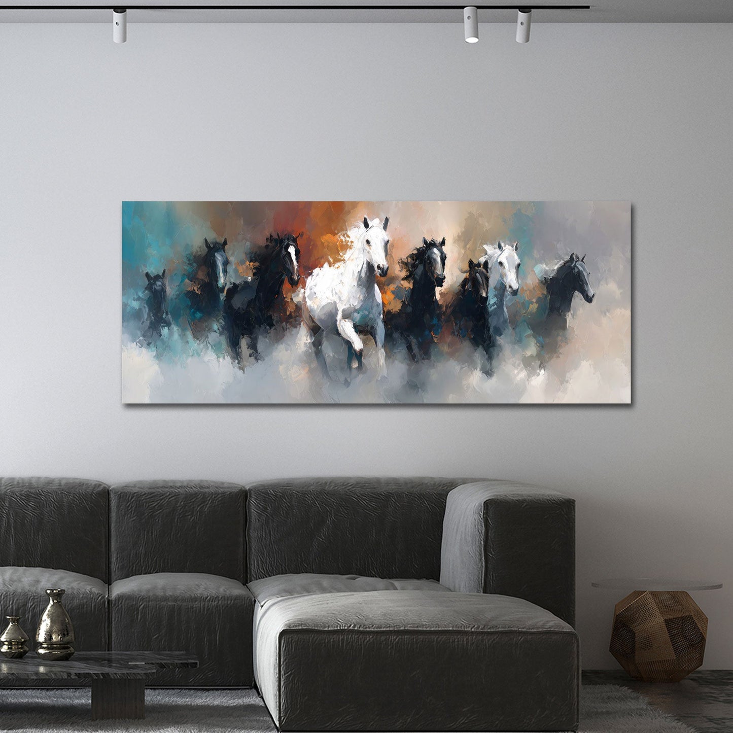 Cavalli bianchi guidano la mandria nella nebbia quadro