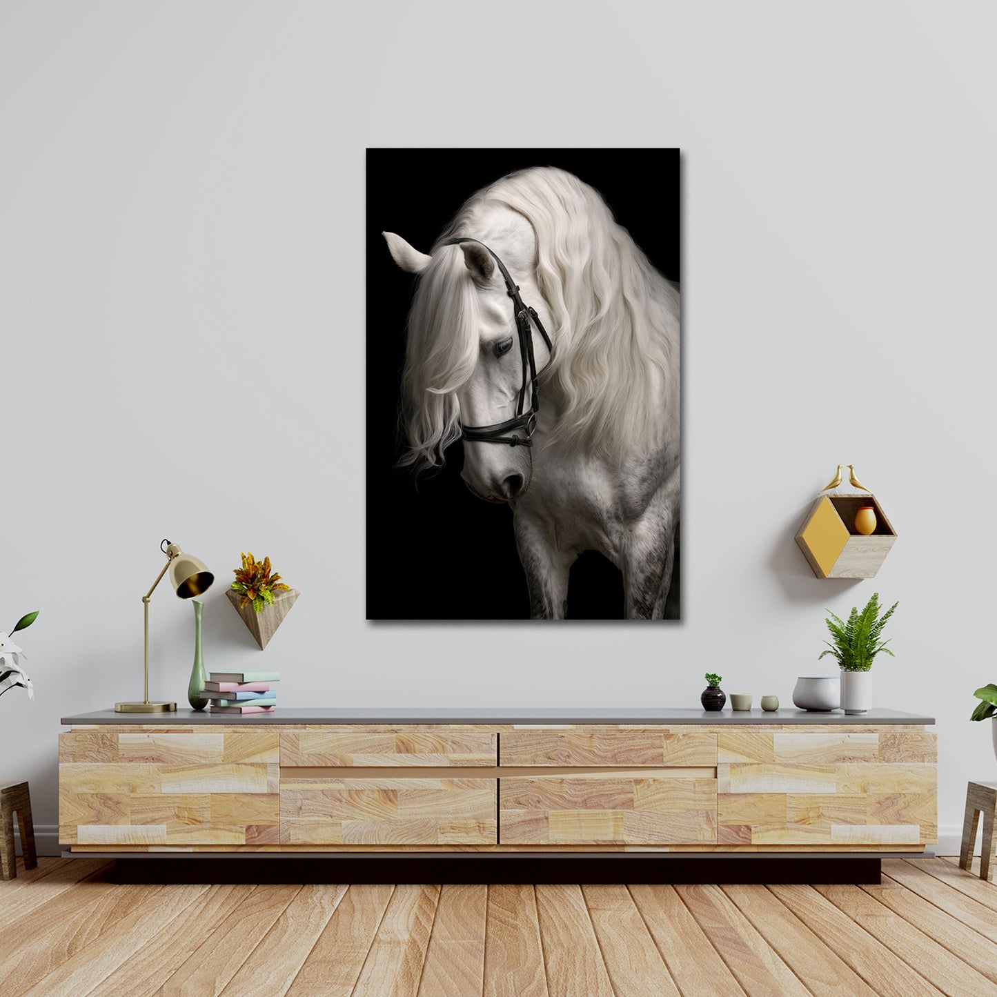Cavallo bianco con fluente criniera elegante quadro