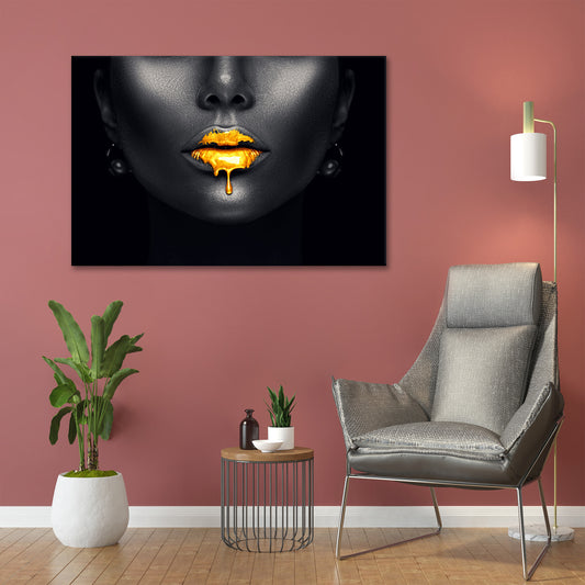 Quadro astratto stampa su tela Gold Lips, donna, labbra dorate