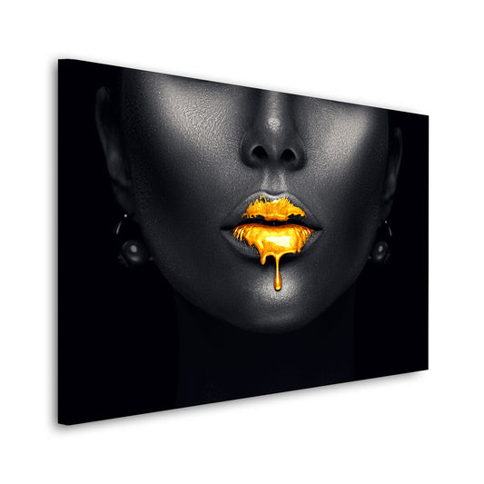 Quadro astratto stampa su tela Gold Lips, donna, labbra dorate