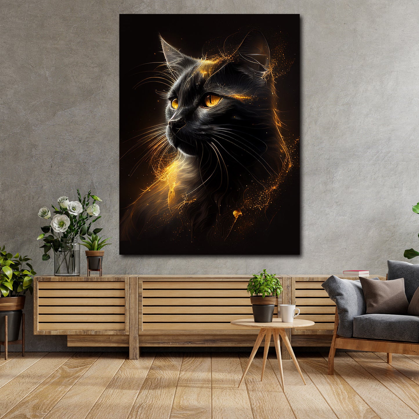 Quadro stampa su tela moderno gatto Gold Style