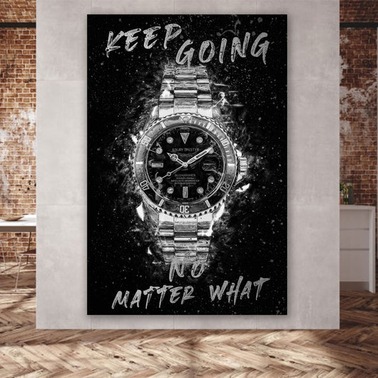 Quadro moderno motivazionale orologio Keep Going, bianco e nero