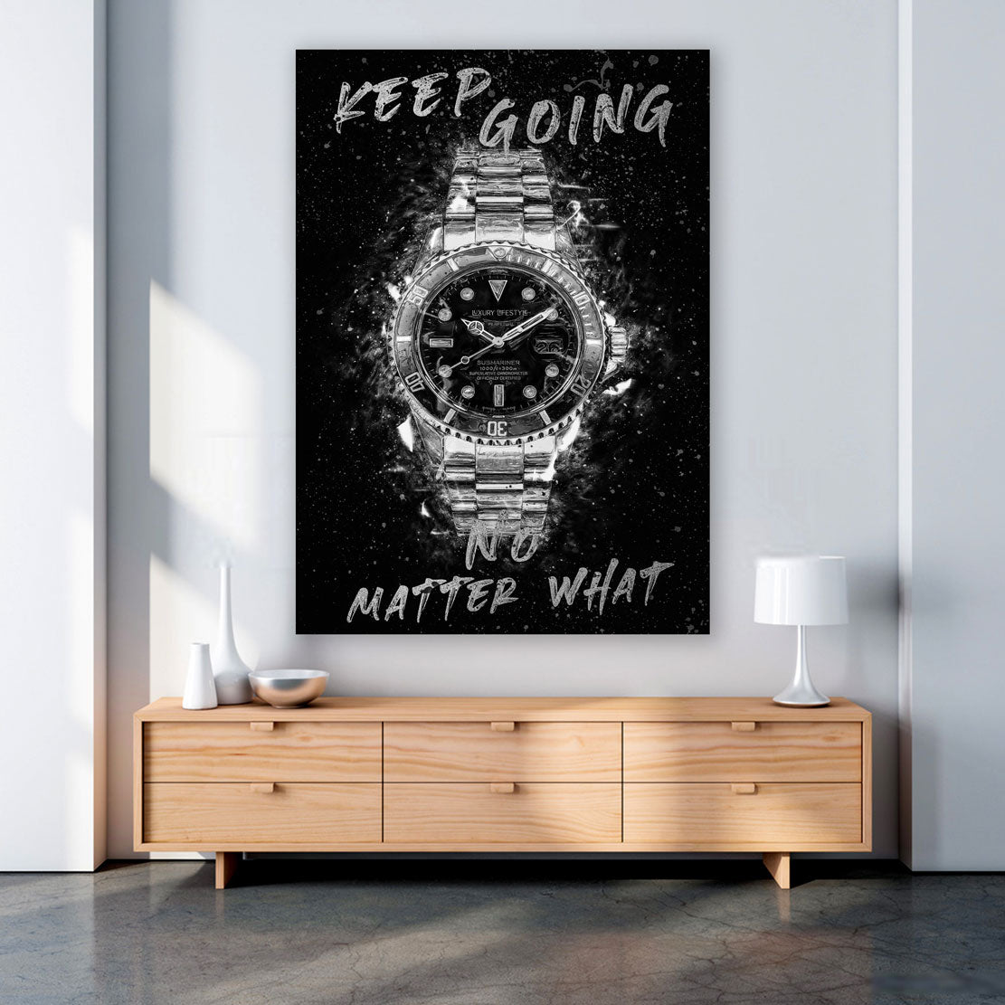 Quadro moderno motivazionale orologio Keep Going, bianco e nero