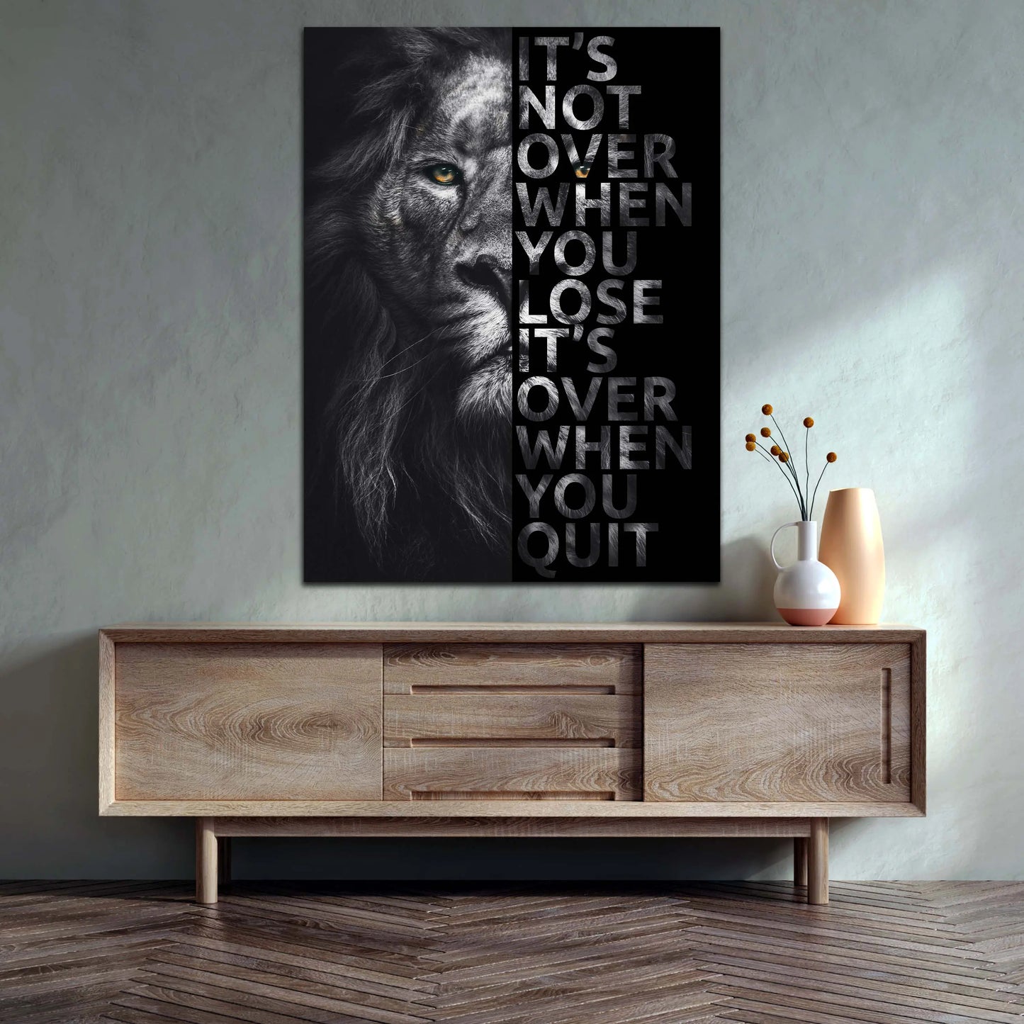 Quadro stampa su tela motivazionale leone It Is Not Over When You Lose Black White Orange Eyes