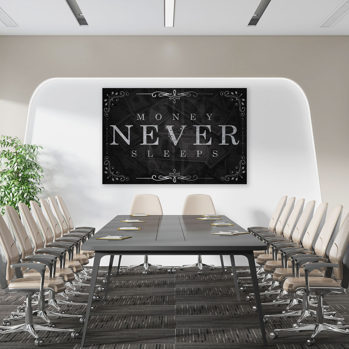Quadro stampa su tela motivazionale mindset soldi Money Never Sleeps Silver Style