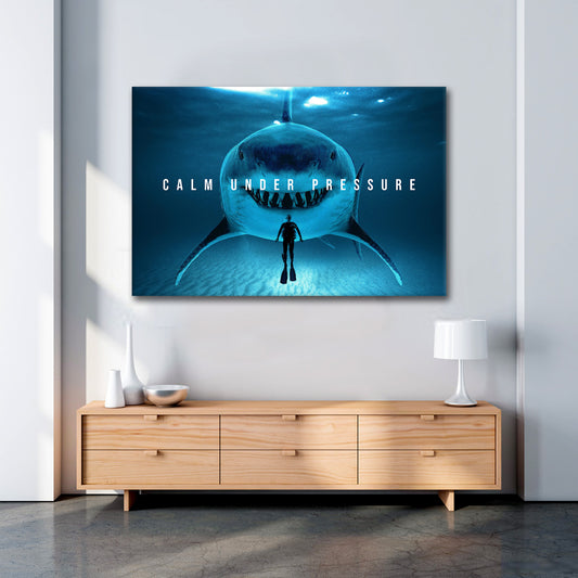Quadro stampa su tela motivazionale Mindset squalo Calm Under Pressure