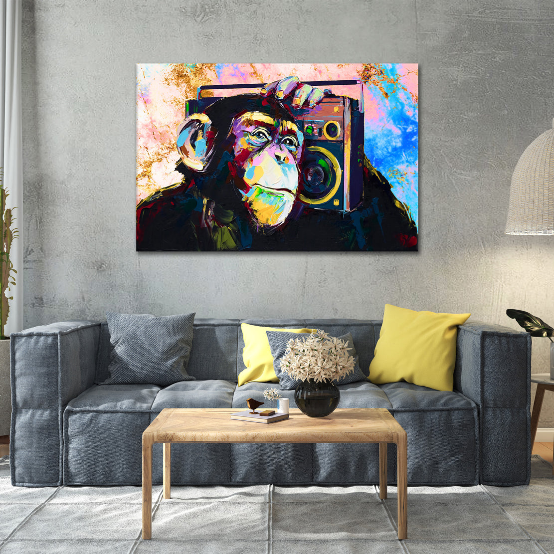 Quadro stampa su tela Pop Art Monkey scimmia con radio - Artedinoi