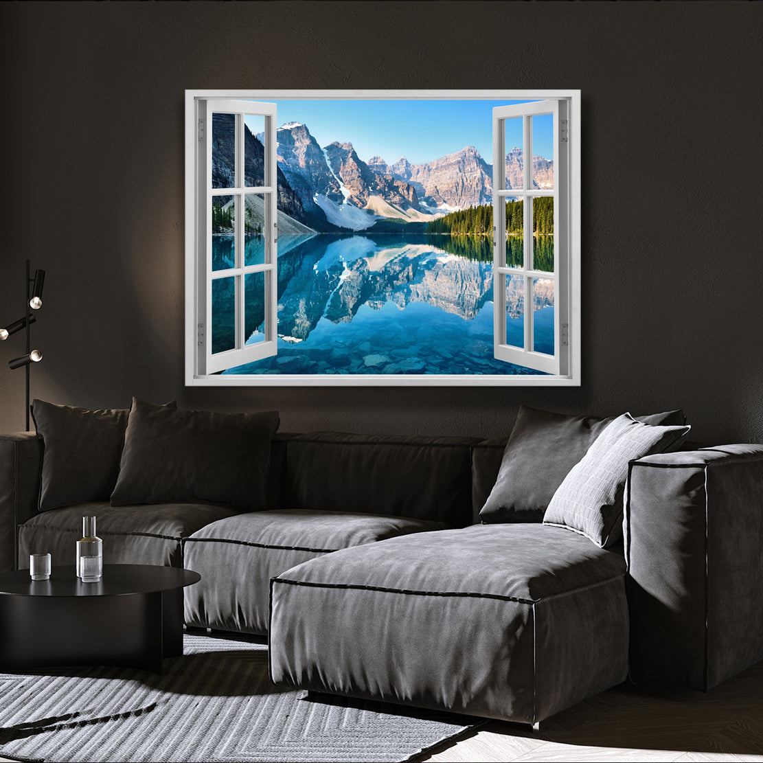 Quadro stampa su tela finestra aperta Mountain View Blue Style